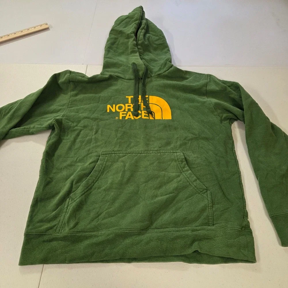 The North Face Mens Green Yellow Logo Pullover Hoodie Sweatshirt Small